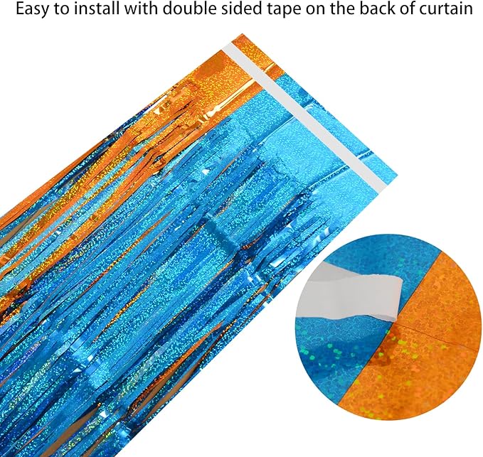Melsan Heavy Duty Tinsel Fringe Curtain, 3 Pack 3.2 x 8.2 ft Extra Long Thicker Blue & Orange Streamers, Includes Adhesive + 3 Extra 3.1 Ft Tapes, Blue Dog Themed Birthday Backdrop & Photo Booth Prop