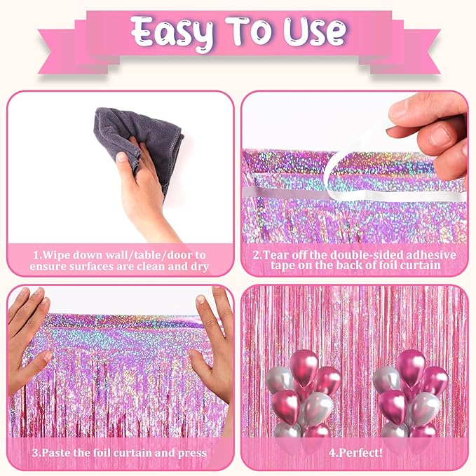 3.3 x 6.6 ft Foil Fringe Backdrop Curtains, Tinsel Streamers Party Decorations, Fringe Backdrop for Birthday, Baby Shower, Gender Reveal, Graduation (6, Pink)