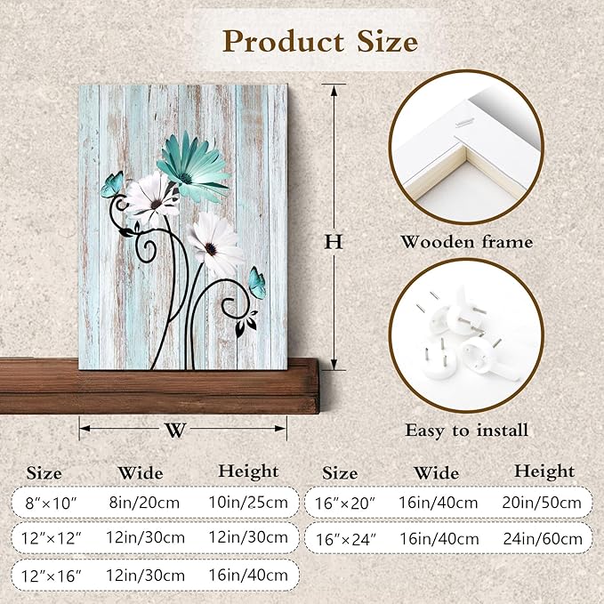 HVEST Floral Butterfly Wall Art for Living Room Teal Turquoise Bathroom Wall Decor, Rustic Farmhouse Daisy Framed Wall Art for Bedroom Kitchen Home Office, 12L x 12W Inches
