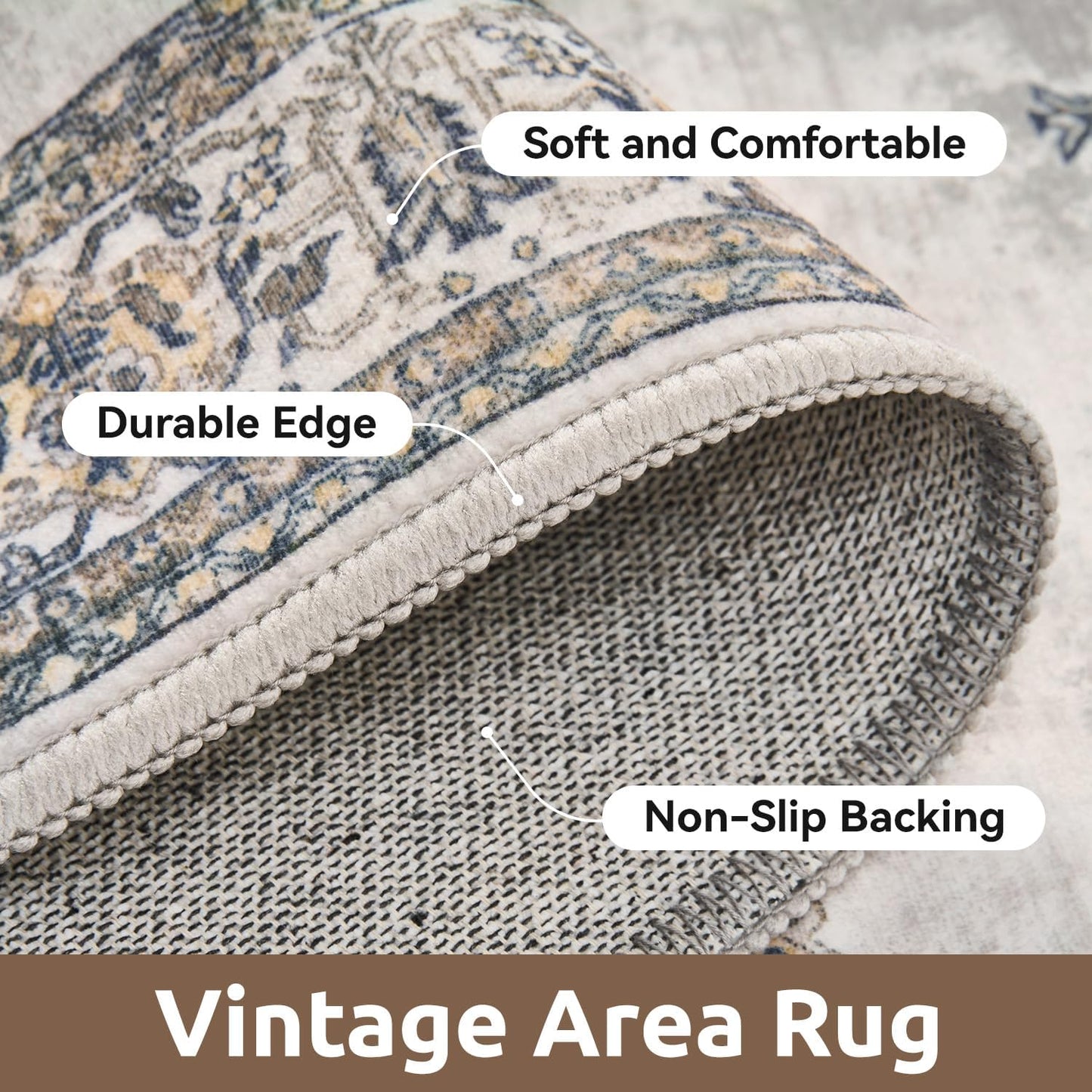 AMOAMI-Vintage Area Rug 8X10 Grey Rugs for Living Room-Soft Living Room Rug Non Slip Rugs for Bedroom Carpet Machine Washable Rug for Dining Room Bedside Office Room Decor