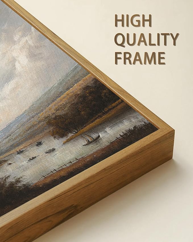 SHENIFY Vintage Landscape Framed Wall Art Riverside Scenery Farmhouse Decor Retro Boat Travel Painting for Kitchen Living Room Bedroom Bathroom - 8x10in Natural Framed