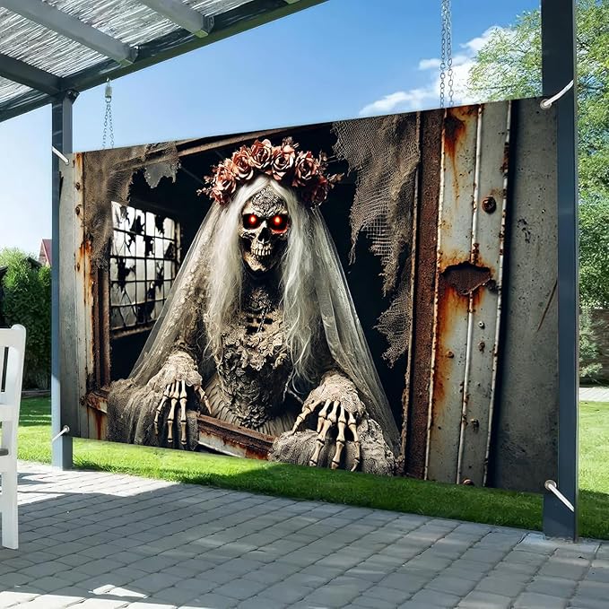 Halloween Skeleton Bride Backdrop 71x43 Inch Gothic Scary Wedding Banner Creepy Zombie Bride Wall Decor for Haunted House Horror Party Trick or Treat Indoor Outdoor Decoration
