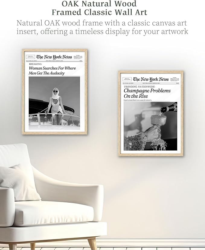 iHery Champagne Problems On the Rise Newspaper Headline Framed Wall Art, Natural OAK Wood Trendy 12x16 in Canvas Wall Art Décor For Bedroom Living Room Bathroom Set of 1