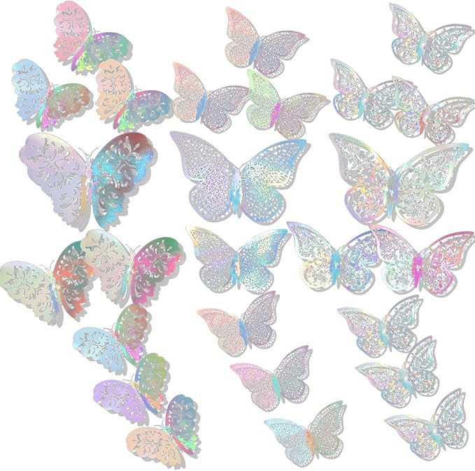 Bememo 72 Pieces 3D Butterfly Wall Decals Sticker Decal Wall Decor Art Decorative Sticker 3 Sizes for Room Offices Bedroom Bathroom Living Room Decor(Holographic White)