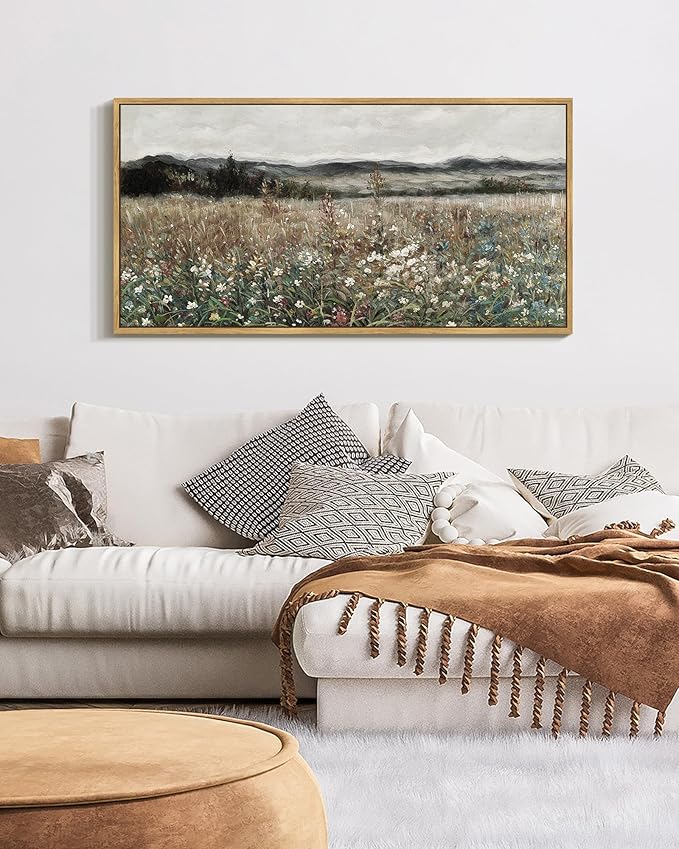 SHENIFY Vintage Landscape Framed Wall Art Meadow Flowers Farmhouse Decor Retro Classic Painting for Hallway Bedroom Living Room Dining Room - 20x40in Natural Framed