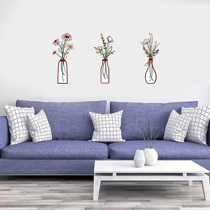 3 Pieces Metal Flowers Wall Arts - Rustic Farmhouse Style Décor Metal Wall Art Black Minimalist Flower Natural Themed Wall Decors for Home Bedroom Dining Room Housewarming (Red)