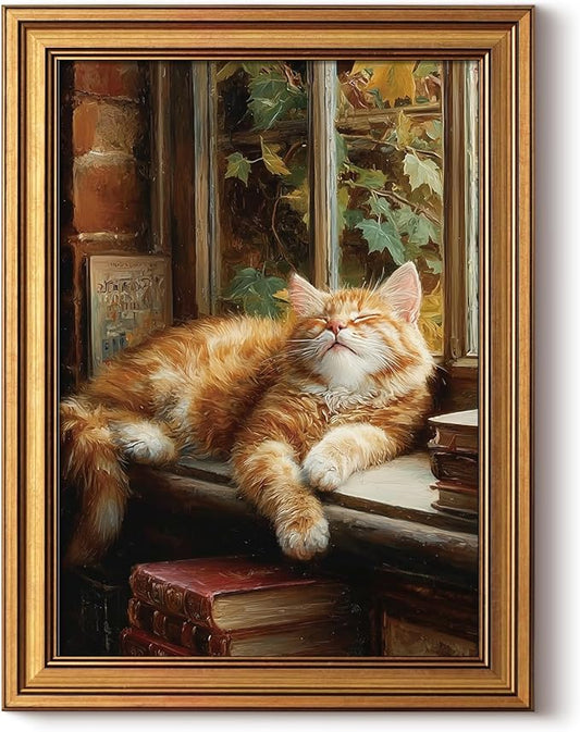 HUARCEY Gold Framed Canvas Wall Art, Book Cat Vintage Decor, Rustic Vintage Neutral Canvas Paintings Retro Table Desk Picturesfor Bathroom Bedroom Living Room, 12x16Inch