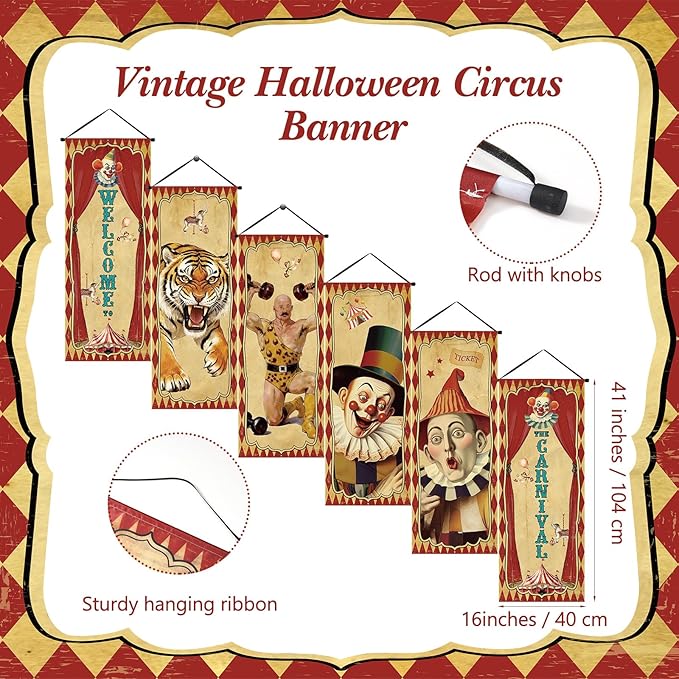 Tiamon 6 Pcs Vintage Christmas Halloween Carnival Porch Banners Retro Santa Clown Stretching Portraits Wall Decorations Gothic Porch Sign Backdrop for Xmas Indoor Outdoor Hanging Decor (Circus)