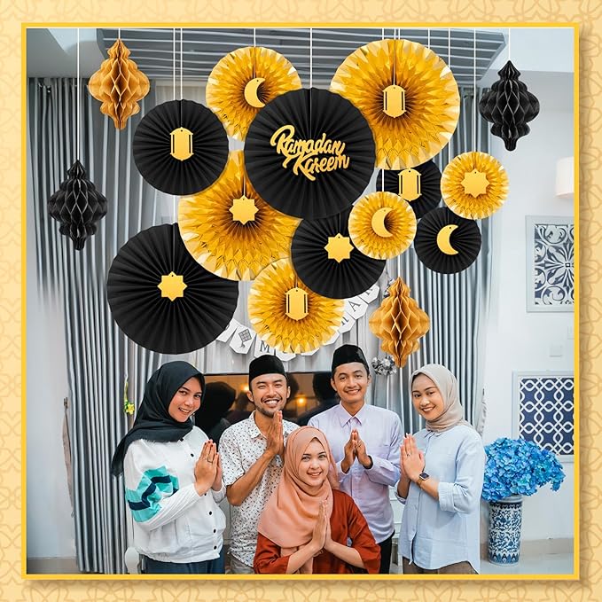 Epakh 29 Pcs Ramadan Decorations for Home Ramadan Hanging Paper Lantern Eid Wall Ceiling Decoration Honeycomb Paper Fan Eid Mubarak Home Decoration Birthday Wedding Party Supply(Black & Gold)