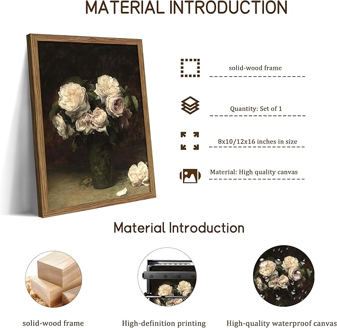 Vintage Framed Floral Wall Art, Moody Dark Roses Canvas Wall Art, Botanical Flowers Pictures Print, Retro White Roses Oil Painting Artwork Wall Decor for Bedroom Kitchen Bathroom – 8x10 inch