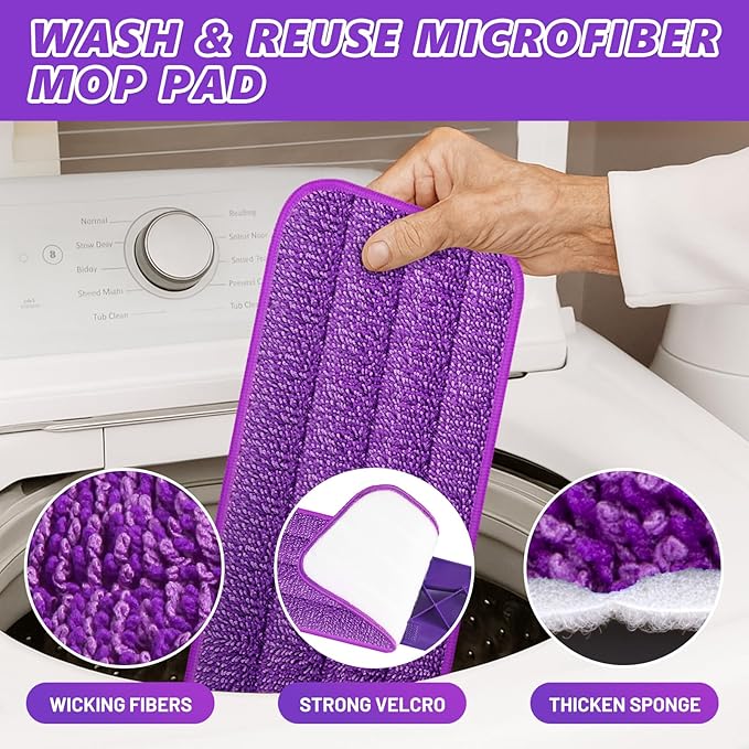 HOMTOYOU Spray Mops for Floor Cleaning: Wet Mop for Hardwood Tile Wood Laminate Vinyl - 3 Washable Microfiber Pads for Swiffer Powermop - Absorbs Pet Hair Dust
