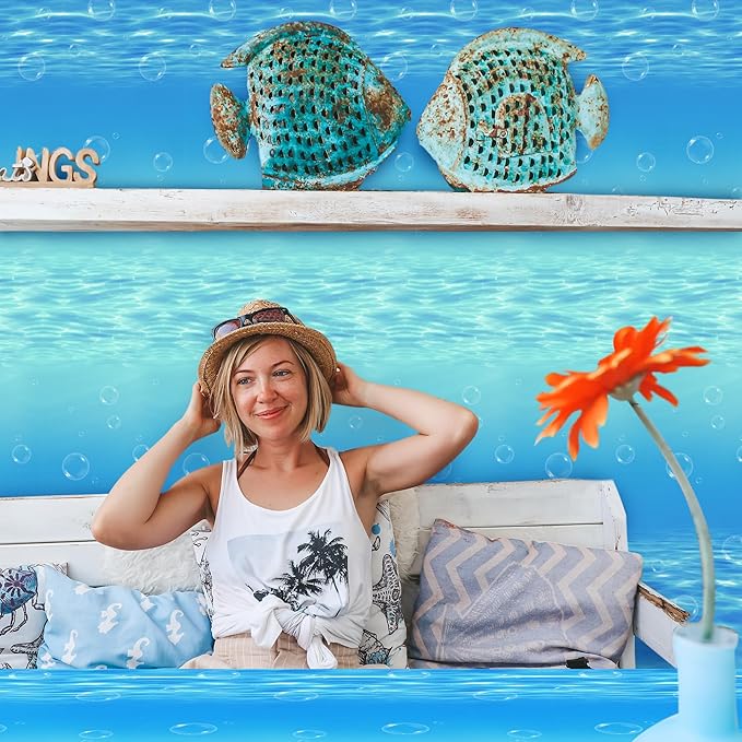 Kochorie 54 Inch x 200 Ft Ocean Waves Plastic Tablecloth Roll in Slide Cutter Box Under the Sea Table Cover Blue Water Print Backdrop Bulletin Board Plastic Roll for Beach Pool Birthday Party Decor