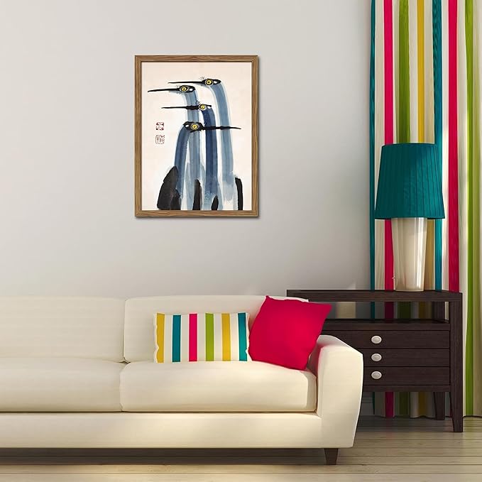 Framed Vintage Canvas Wall Art, Elegant Ink Cranes Painting, Antique Watercolor Prints, Classic Chinese Style Bird Artwork, Farmhouse Wall Decor for Living Room Study Office – 12x16 inch