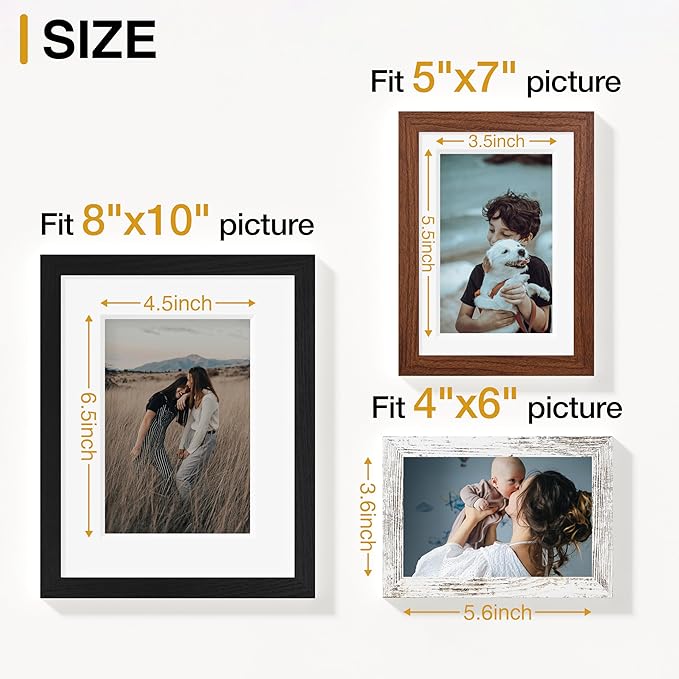 Vittanly 12 Pack Picture Frames Collage Wall Decor for Mounting or Tabletop, Gallery Wall Frame Set for Family, Multi Sizes Including 8x10, 5x7, 4x6, Black & Walnut Brown & Distressed White