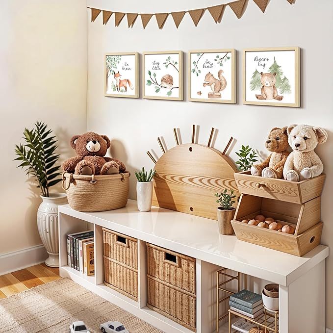 ArtbyHannah Framed Woodland Nursery Wall Decor, 10x10 Inch Cute Baby Safari Wall Art, Green Kids Art Frame with Forest Animals Prints for Playroom Classroom Bathroom Baby Shower Decoration(4 Pack)