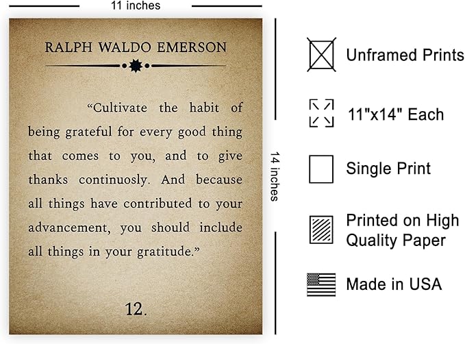 Poster Master Ralph Waldo Emerson Poster - Habit of Being Grateful Print - Gratitude Quote Art - Inspiring Gift for Men, Women - Motivational Decor for Office, Living Room - 11x14 UNFRAMED Wall Art