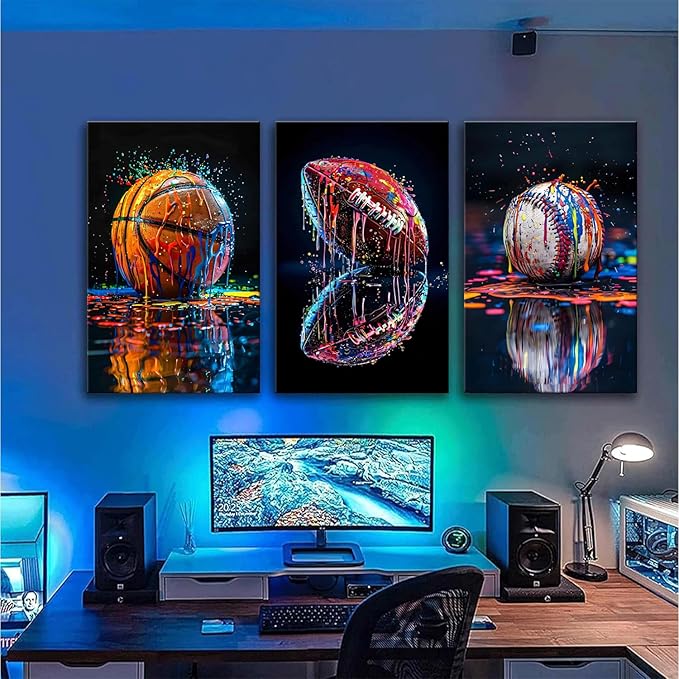 Sports Wall Art Set of 3, Retro Basketball Rugby Football Baseball Canvas Prints, Graffiti Style Print Artwork Ball Painting Wall Decor for Boys Bedroom Game Room Living Room Home Decor12x16 in Framed