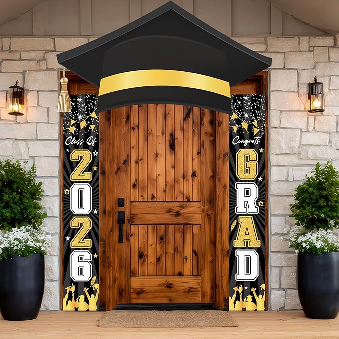 3Pcs Graduation Cap Door Banner 2026 Graduation Door Decoration Class of 2026 Porch Sign Congrat Grad Hanging Banner Decor Grad Party Indoor Outdoor Wall Decor Photo Prop Supplies Black Gold