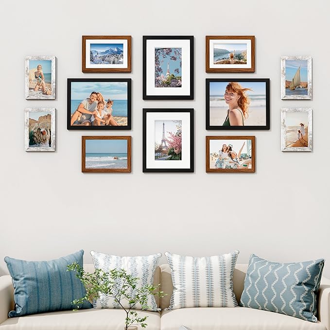 Vittanly 12 Pack Picture Frames Collage Wall Decor for Mounting or Tabletop, Gallery Wall Frame Set for Family, Multi Sizes Including 8x10, 5x7, 4x6, Black & Walnut Brown & Distressed White