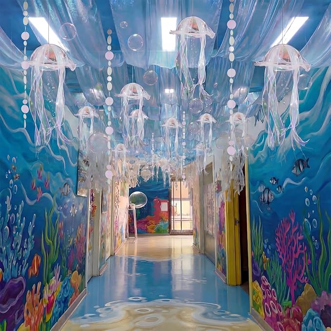 1.97 x 9.83 ft 11 Pcs Ocean Classroom Ceiling Decoration Kit Summer Under The Sea Beach Classroom Decoration Coastal with 3 Blue Organza and 4 Jellyfish 4 White Disc for Party Office School