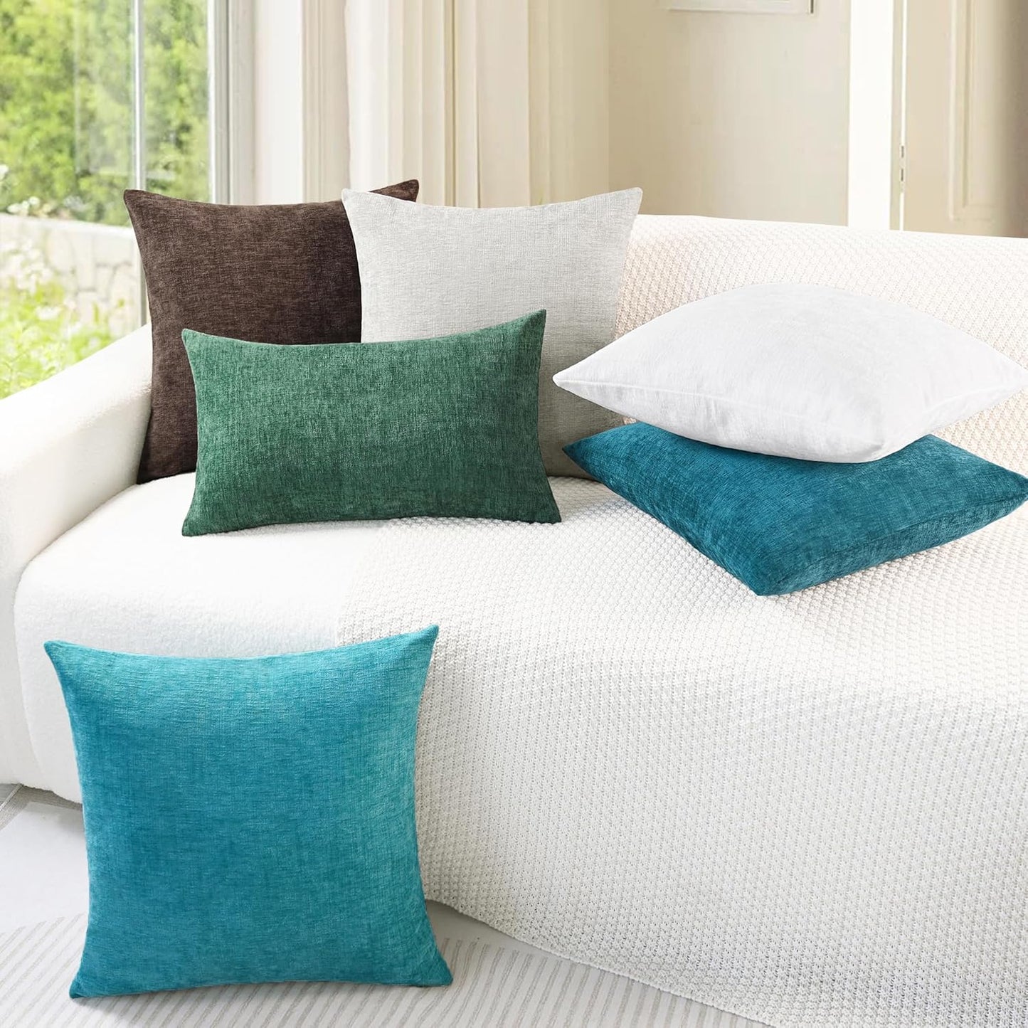 CaliTime Throw Pillow Covers Decorative 18 X 18 Inches Pack of 4 Cozy Chenille Cushion Cases for Couch Sofa Bed Living Room Home Lake Blue