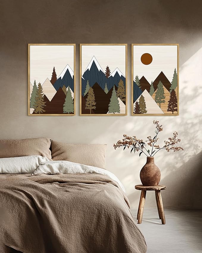 Drsoum Morden Mountains Landscape Wall Art Framed Boho Pine Tree Forest Nature Prints Boho Farmhouse Rustic Artwork Hallway Bedroom Ready to Hang 24x36in Natural Framed