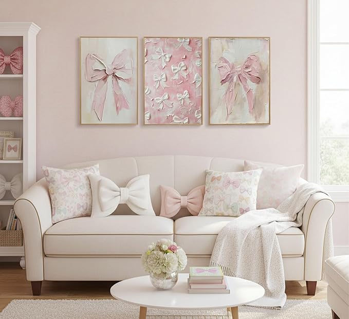3Pcs Trendy Pink Bow Canvas Wall Art Vintage Cute Preppy Watercolor Bows Painting Pictures Wall Decor Posters Prints Girly Aesthetic for College Apartment Bedroom Decoration Unframed