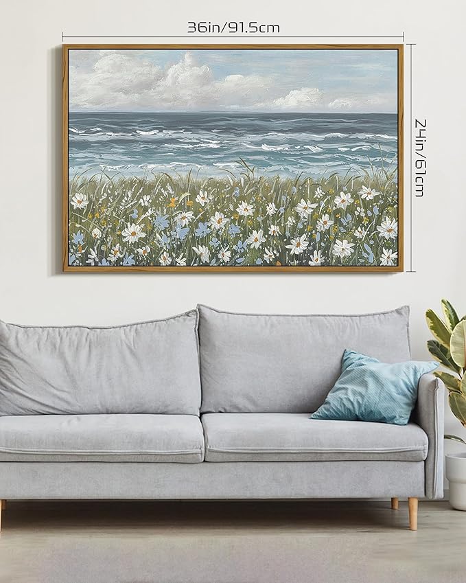 SHENIFY Vintage Landscape Framed Wall Art Sea Coastal Wildflower Field Scenery Farmhouse Decor Retro Painting for Living Room Bedroom Ready to Hang Wall Artwork - 24x36in Natural Framed