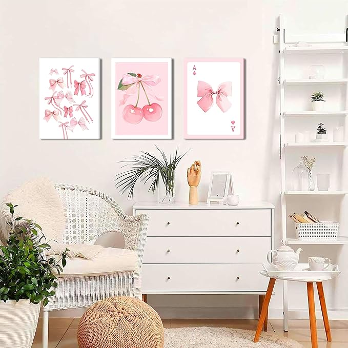 Trendy Pink Bows Canvas Wall Art Set of 3, Vintage Preppy Cherry Posters Prints, Pink Girly Room Aesthetic Wall Decor Painting for College Apartment Living Room Bedroom 12x16 In Framed