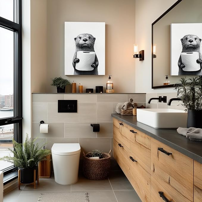 IAFWZX Framed Funny Bathroom Wall Art, Black and White Otter Holding Toilet Paper Wall Decor, Cute Animal Wrapped Canvas Painting, Humor Otter Poster Print for Restroom Guest Bedroom 16"x24"