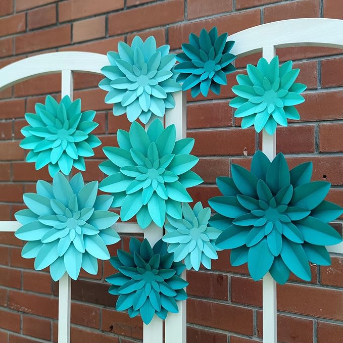 3D Paper Flower for Wall Wedding Backdrop Bridal Shower Party Centerpieces Home Wall Decor Pack of 9 (Turquoise)