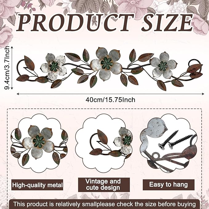 Wesiti Metal Flower Wall Decor Vintage Spring Metal Flower Wrought Iron Scroll Sculpture 15.7''x3.7'' Farmhouse Leaf Wall Decor with Nails for Spring Living Room Bedroom Indoor Outdoor (Silver Gray)