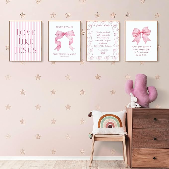 LARTSFRO Coquette Pink Bow Jesus Wall Art Decor Posters, Light Pink Bow Christian Room Bedroom Bathroom Dorm Wall Art Decor Aesthetic for Teen Girls College Gifts, Inspirational Bible Verses Bow Wall Decor, 12x16 Inch Set of 4 Bow Pictures (UNFRAMED)