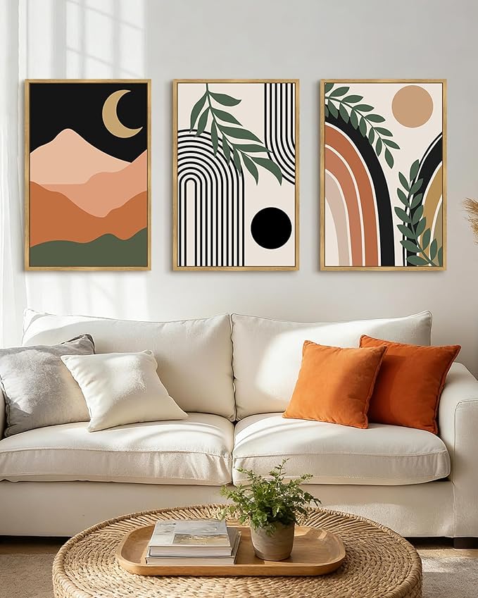 Drsoum Boho Wall Art Framed Bohemian Plant Wall Decor Abstract Geometry Artwork Hallway Living Room Prints Ready to Hang 16x24in Natural Framed