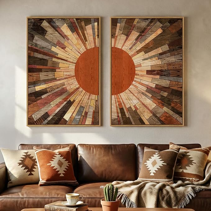 Framed Boho Mid Century Sun Wall Art for Living Room, Set of 2 Retro Abstract Sunrise Canvas Artwork for Walls, Vintage Earth Tone Painting Prints Wall Art Decor for Bedroom Hallway Office, 24x36 Inch