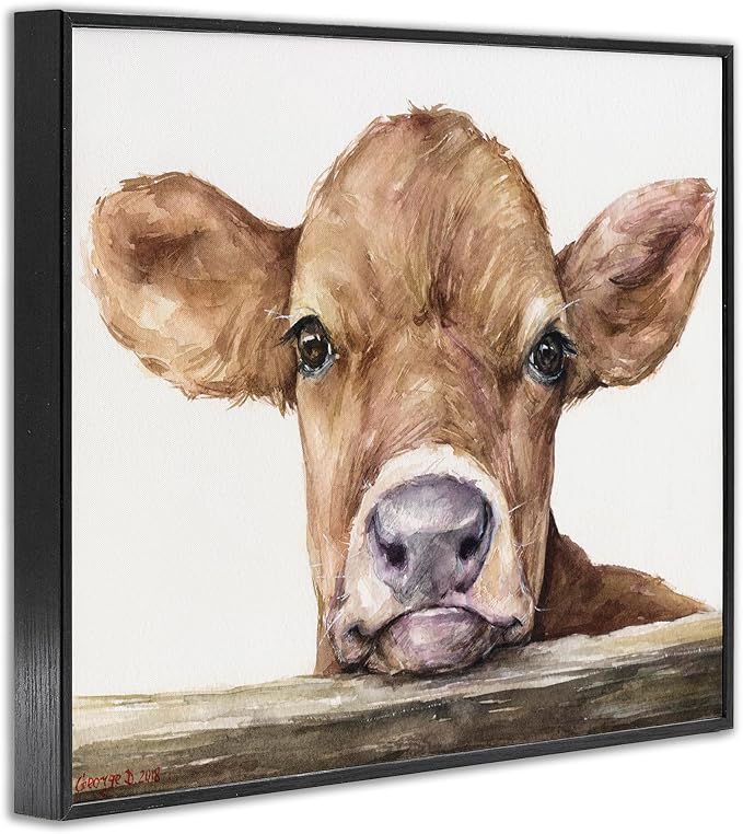 Stupell Industries Cute Baby Cow Animal Watercolor Painting Framed Giclee Art Design By Artist George Dyachenko, 16 x 20, Black Framed
