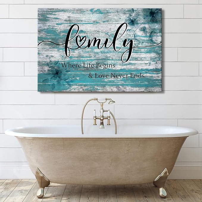Large Family Wall Art Turquoise Wall Decor for Kitchen Inspirational Saying Canvas Prints Where Life Begins Love Never Ends Signs Picture Vintage Farmhouse Painting Artwork Home Decoration 32x48"