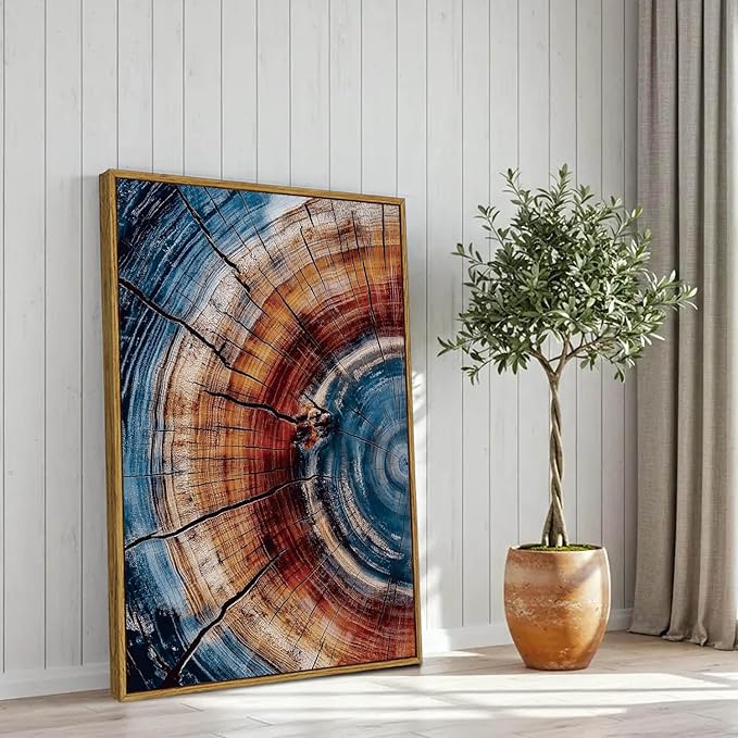 BingruiArt Large Framed Tree Ring Wall Art Blue and Red Boho Wall Decor Nature Print Wood Canvas Rustic Artwork Abstract Painting Modern Picture for Living Room Bedroom Bathroom 24"x36" Natural Framed(01)