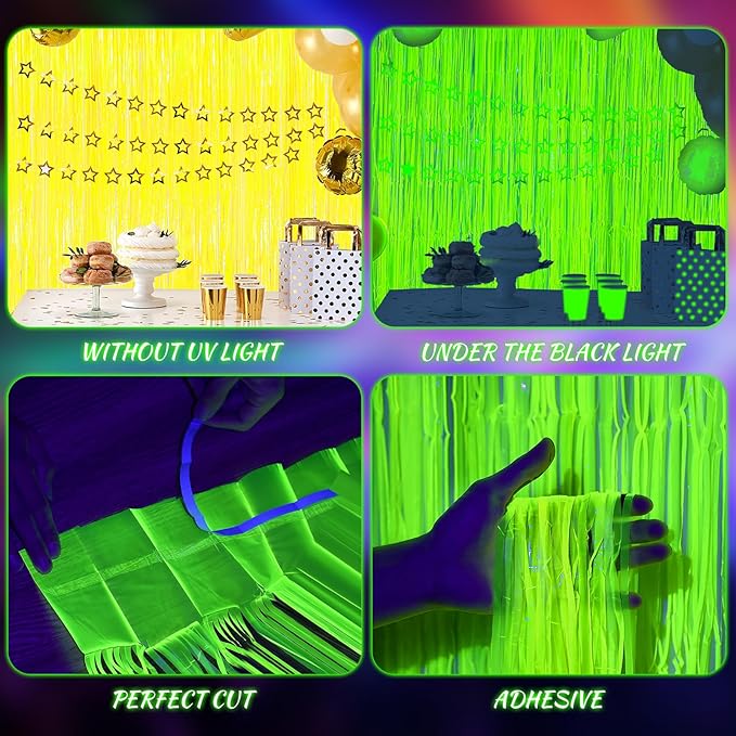 2 Pack Glow in The Dark Party Streamers, Neon Party Decorations Fluorescent Macaron Yellow Tinsel Foil Fringe Curtains, Photo Booth Prop Backdrop Streamers, Birthday Halloween Party Decorations