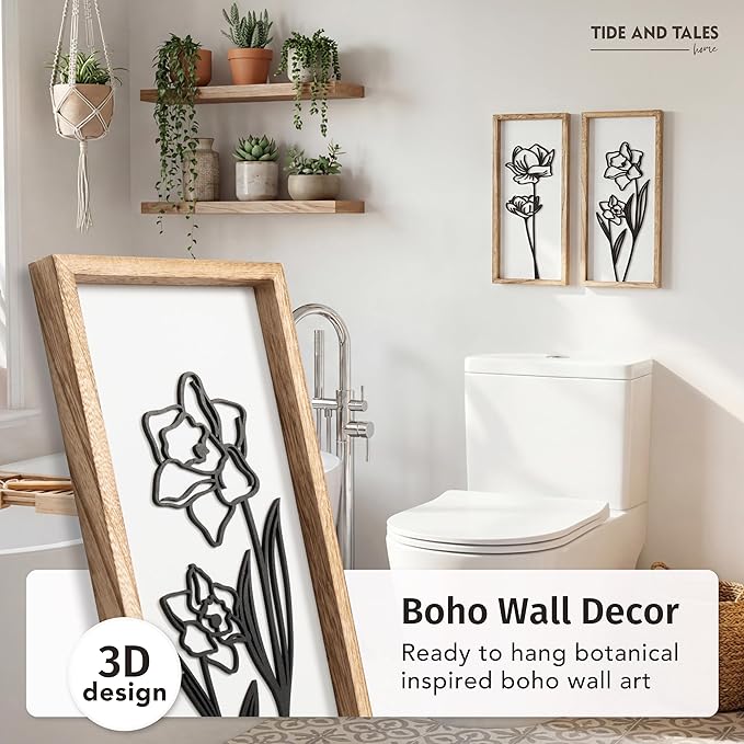 3D Black and White Wall Art (Set of 2) Lightweight, Wooden Ready-to-Hang Framed Floral Wall Art for Bathroom, Bedroom, Living Room or Office – Boho Botanical Farmhouse Decor – Gift-Boxed