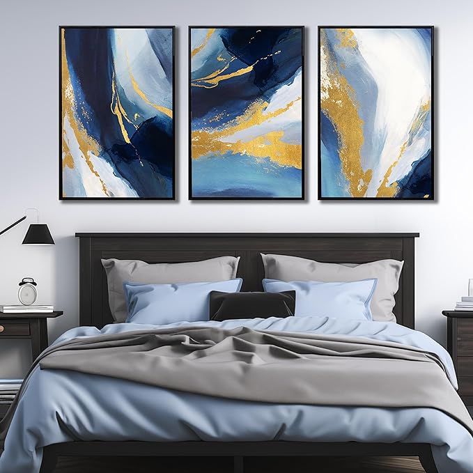 Abstract Wall Art for Living Room, Framed Canvas Wall-Decor for Bedroom, Blue White and Gold Picture Prints, Size 24 x 36 Inches 3-Pieces