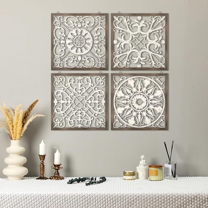 Tatuo 4 Pcs Wood Art Wall Decor Farmhouse Decorative Wood Panels Modern Wall Decor for Living Room Home Kitchen Dining Room(Square,Brown, White)