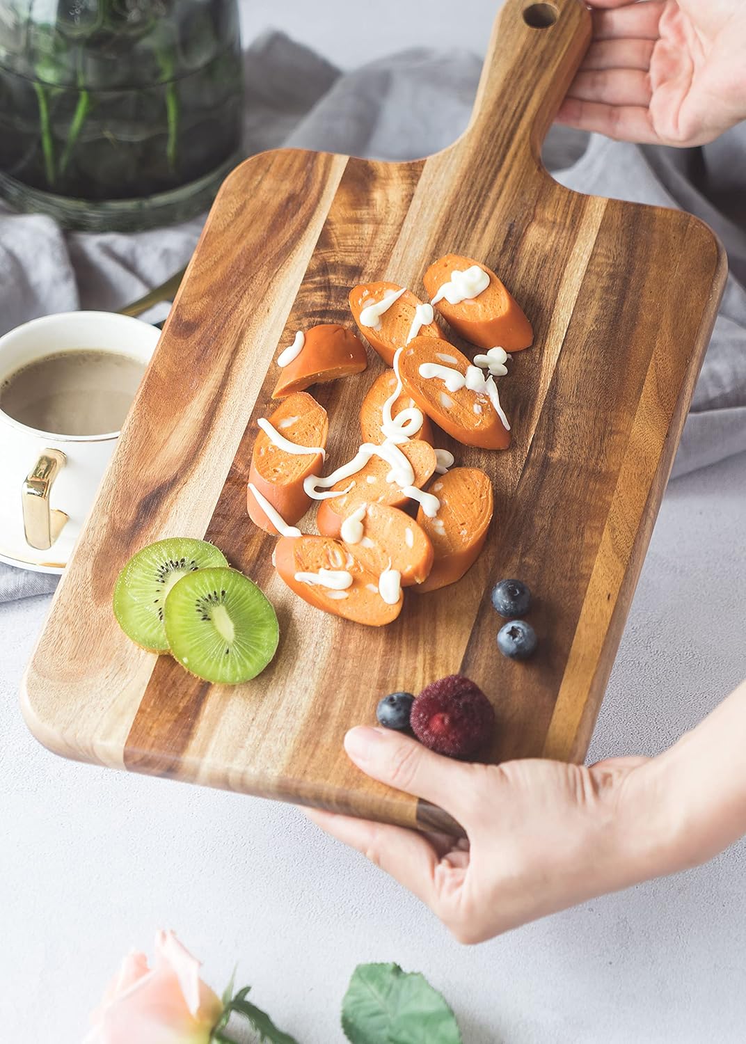 Acacia Wood Cutting Board - Wooden Kitchen Cutting Board for Meat, Cheese, Bread,Vegetables &Fruits- Charcuterie Board Cheese Serving Board with Handle,16" x 8.6”