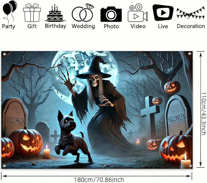 Halloween Witch Cemetery Banner 71x43 Inch Funny Dog and Skeleton Witch Banner Graveyard Wall Decor with Pumpkins and Moon for Spooky Trick or Treat Party Indoor Outdoor Decoration