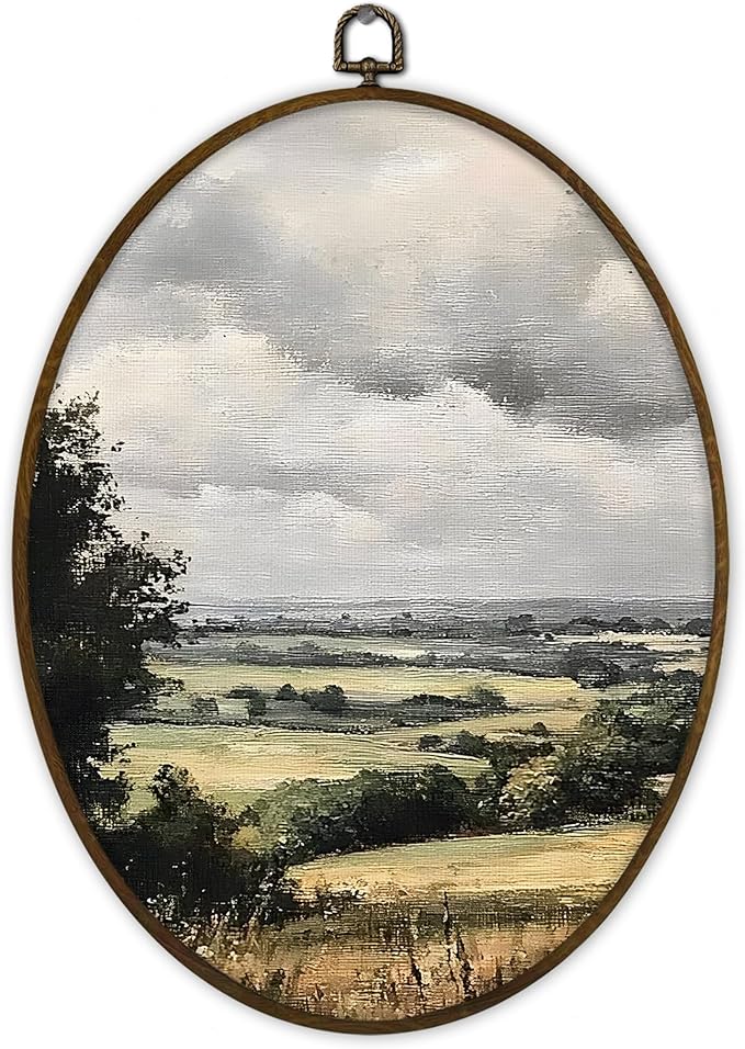 Gnmduw Vintage Farmhouse Field Landscape Oval Wall Art Framed, Wildflower Field Nature Landscape Canvas Prints Hanging Decor Decorations, Cottagecore Wall Decor for Living Room Bedroom, 8.7x11.3 Inch