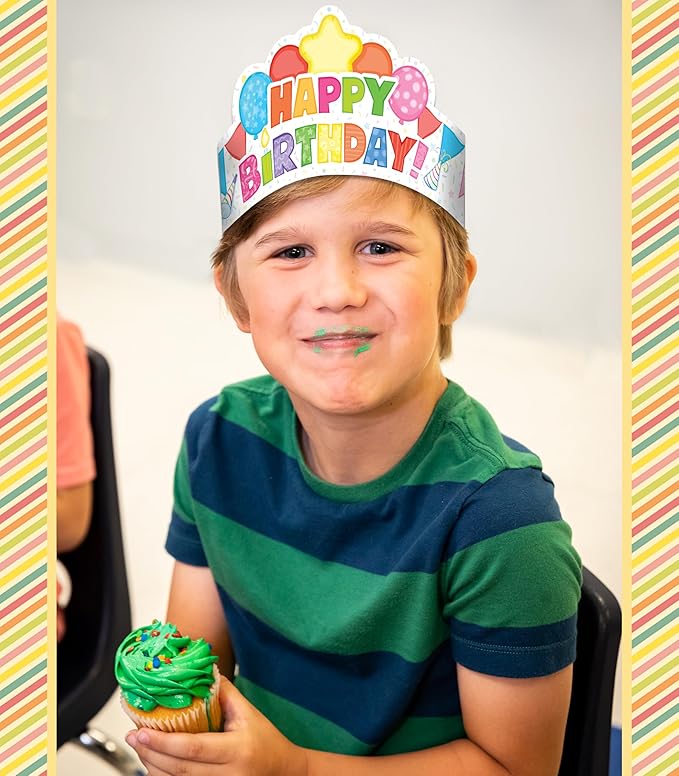 Carson Dellosa 102 pc Bundle of Birthday Decorations, Crowns, Colorful Balloons and Cupcake Cutouts for Party, Classroom, Bulletin Board, and Wall Decor