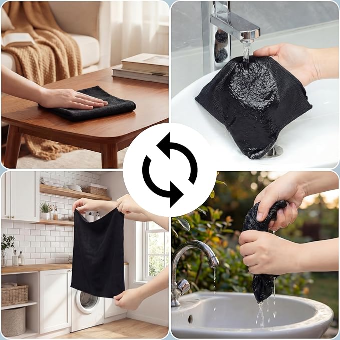 Macarrie 200 Pieces Microfiber Cleaning Cloths Bulk Absorbent Microfiber Towels Reusable Lint-Free Streak Free Wash Rags for House Kitchen Office Restaurants Bar Shop Car, 12 x 12 Inches (Black)