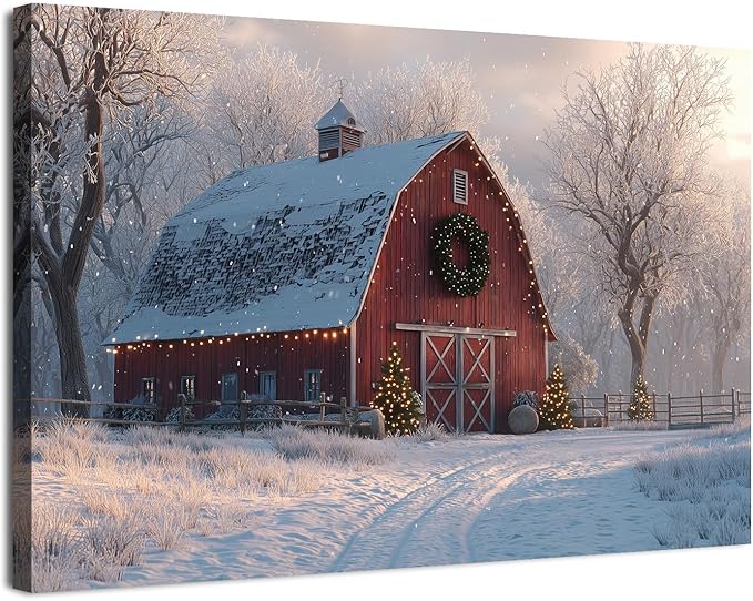 Nature Farmhouse Canvas Wall Art Red Barn Poster Christmas Tree Prints Picture Rustic Country Snow Pictures Wall Decor Winter Scenic Painting Artwork for Kitchen Dining Room Home Decorations 24x36"