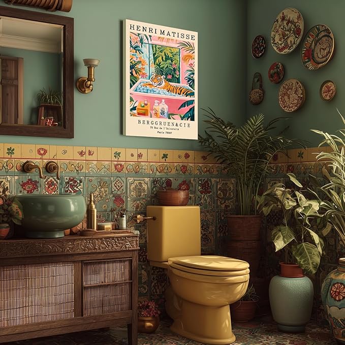 IAFWZX Framed Funny Bathroom Wall Art, Humorous Tiger In Bathtub Wall Decor, Henri Matisse Whimsical Animal Canvas Painting, Colorful Tropical Botanical Artwork for Living Room Bedroom 16"x24"