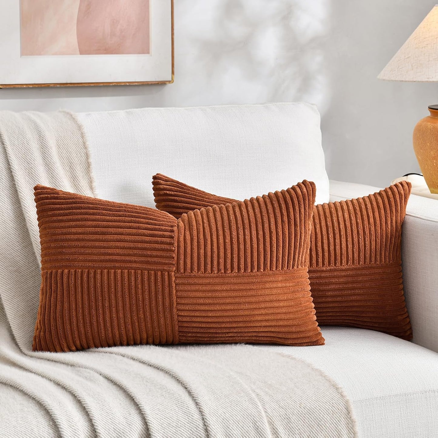 Fancy Homi 2 Packs Rust Lumbar Decorative Throw Pillow Covers 14x24 Inch for Couch Bed Sofa, Rustic Farmhouse Boho Home Decor, Soft Striped Corduroy Rectangle Accent Terracotta Cushion Case 35x60 cm